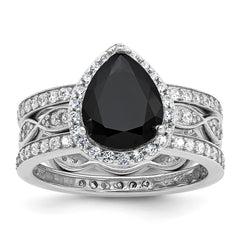 Cheryl M Sterling Silver Rhodium-plated Polished Black and White CZ Teardrop Halo 3 Ring Set