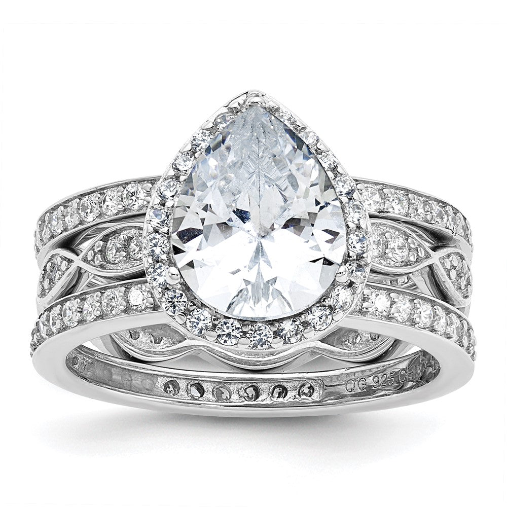Cheryl M Sterling Silver Rhodium-plated Polished CZ Teardrop Halo 3 Ring Set