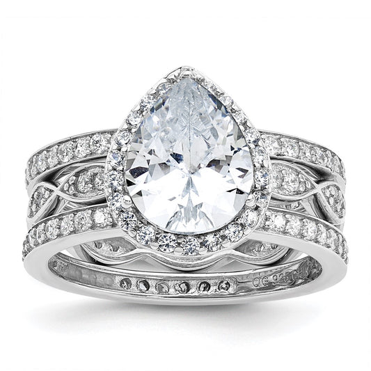 Cheryl M Sterling Silver Rhodium-plated Polished CZ Teardrop Halo 3 Ring Set
