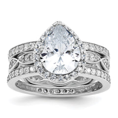 Cheryl M Sterling Silver Rhodium-plated Polished CZ Teardrop Halo 3 Ring Set