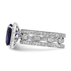 Cheryl M Sterling Silver Rhodium-plated Polished Lab Created Sapphire and CZ Teardrop Halo 3 Ring Set