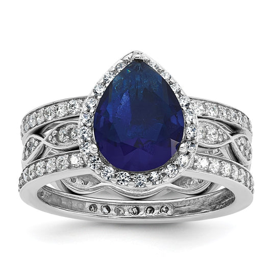 Cheryl M Sterling Silver Rhodium-plated Polished Lab Created Sapphire and CZ Teardrop Halo 3 Ring Set