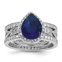 Cheryl M Sterling Silver Rhodium-plated Polished Lab Created Sapphire and CZ Teardrop Halo 3 Ring Set