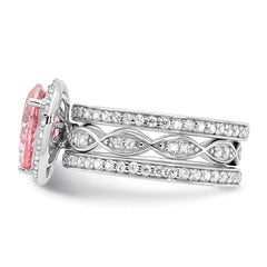Cheryl M Sterling Silver Rhodium-plated Polished Pink and White CZ Halo Teardrop 3 Ring Set