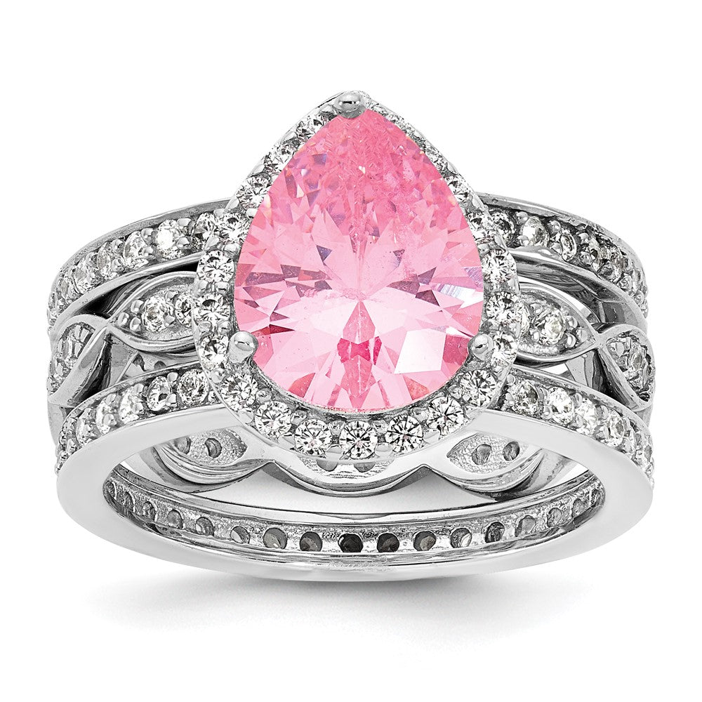 Cheryl M Sterling Silver Rhodium-plated Polished Pink and White CZ Halo Teardrop 3 Ring Set