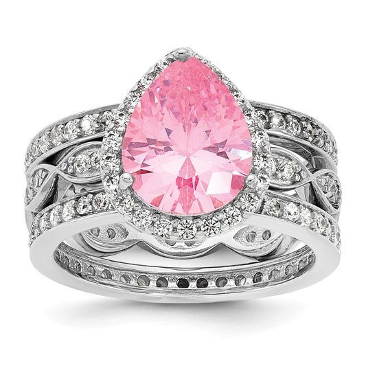 Cheryl M Sterling Silver Rhodium-plated Polished Pink and White CZ Halo Teardrop 3 Ring Set