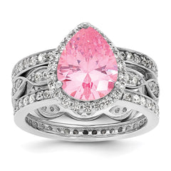 Cheryl M Sterling Silver Rhodium-plated Polished Pink and White CZ Halo Teardrop 3 Ring Set