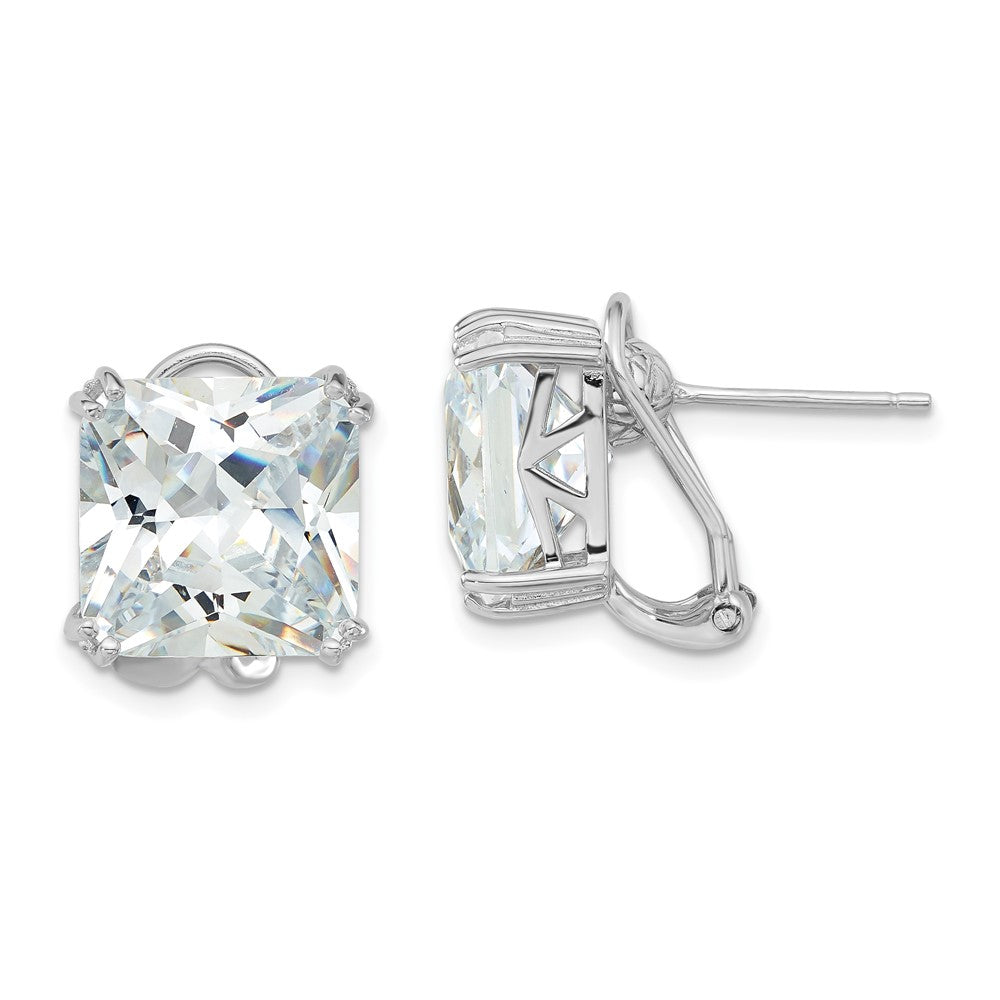 QCM1967 Cheryl M Sterling Silver Rhodium-plated Polished Cushion-cut CZ Post Omega Back Earrings