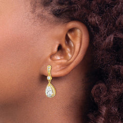 QCM218 Cheryl M Sterling Silver Gold-plated Brilliant-cut CZ Teardrop and Bezel Halo Post Dangle Earrings
