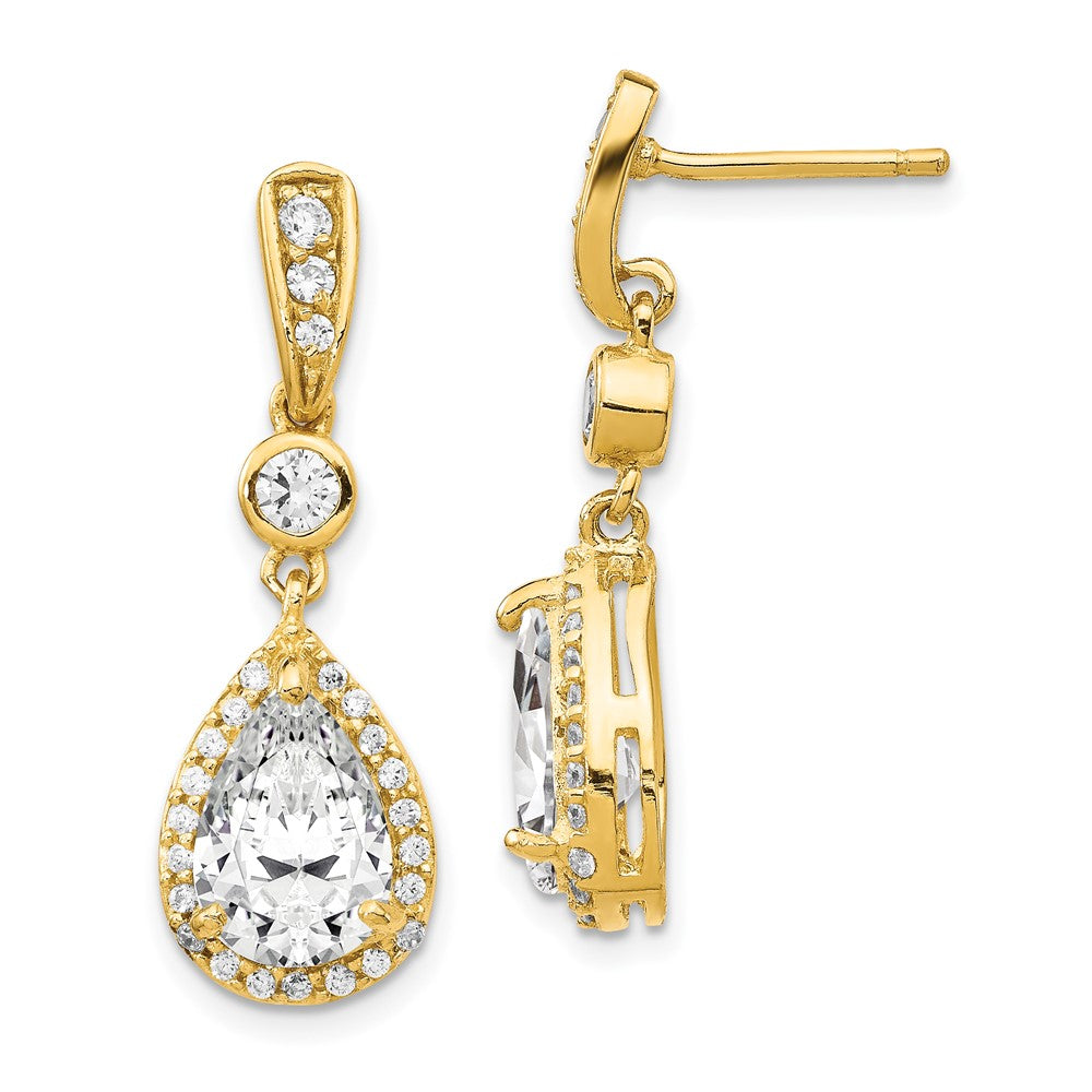 QCM218 Cheryl M Sterling Silver Gold-plated Brilliant-cut CZ Teardrop and Bezel Halo Post Dangle Earrings
