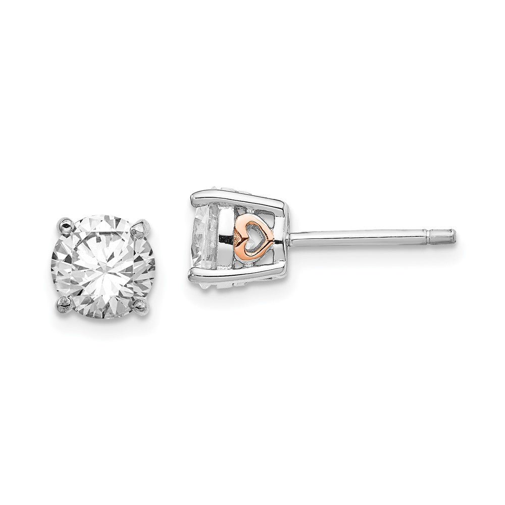 QCM249 Cheryl M Sterling Silver Rhodium-plated and Rose Gold-plated Accent Heart Brilliant-cut CZ Stud Post Earrings