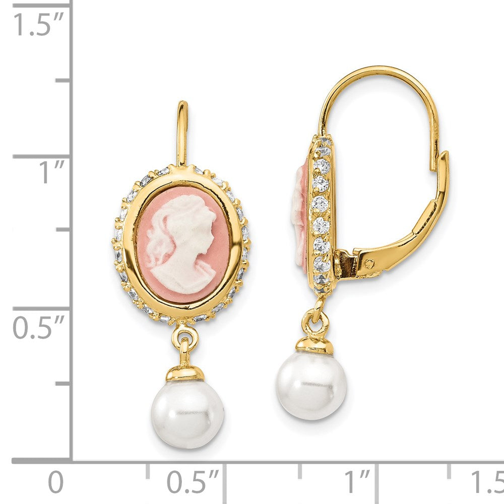 QCM308 Cheryl M Sterling Silver Gold-plated Glass Pearl Brilliant-cut CZ & Resin Cameo Leverback Dangle Earrings