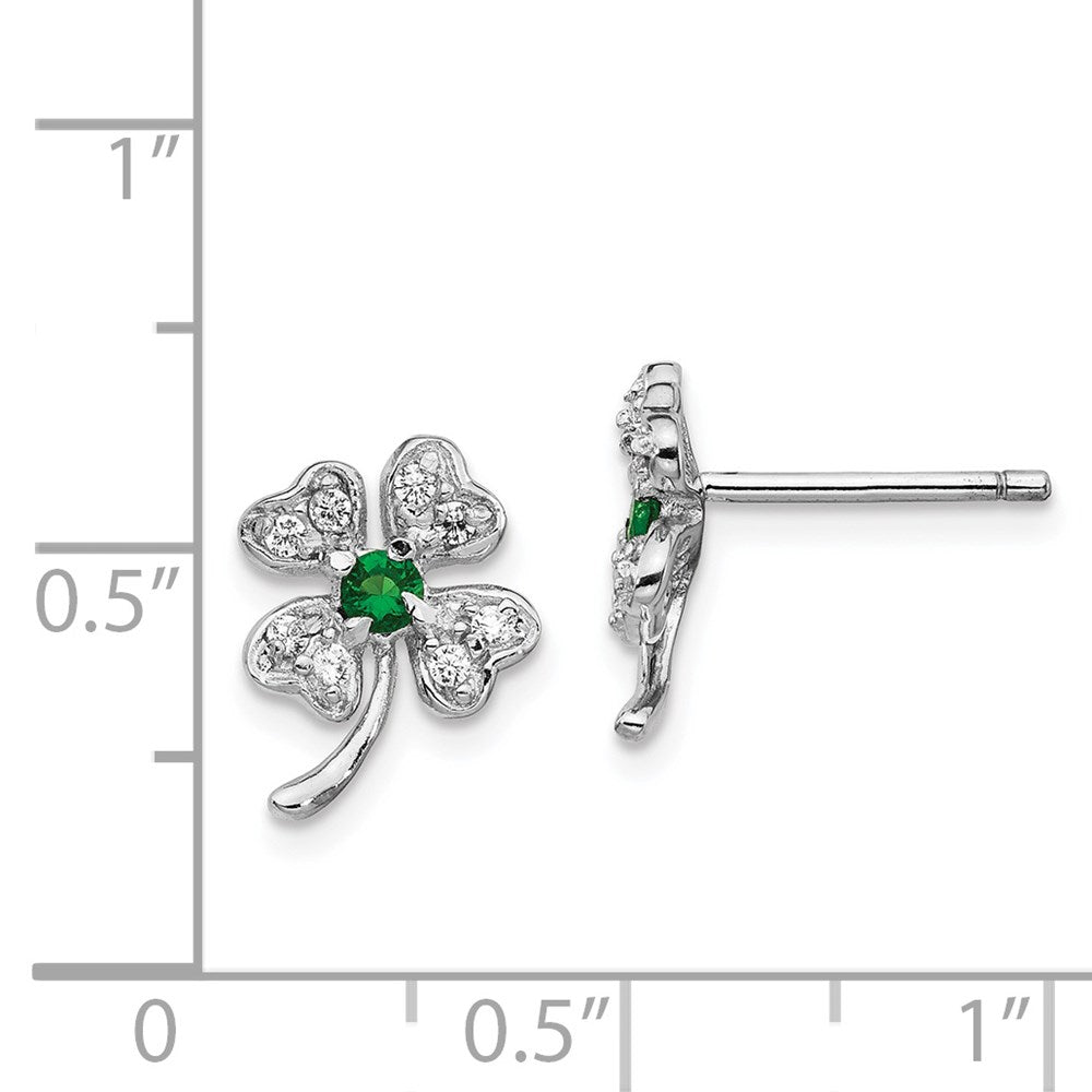 QCM369 Cheryl M Sterling Silver Rhodium-plated Brilliant-cut Green Glass and Brilliant-cut White CZ Four Leaf Clover Post Earrings