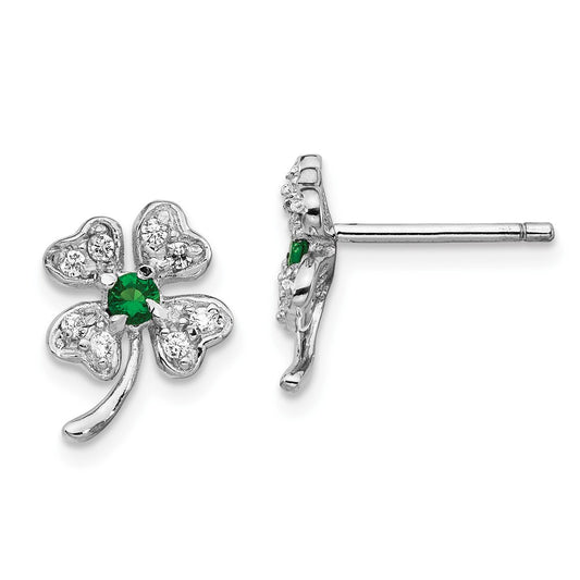 QCM369 Cheryl M Sterling Silver Rhodium-plated Brilliant-cut Green Glass and Brilliant-cut White CZ Four Leaf Clover Post Earrings