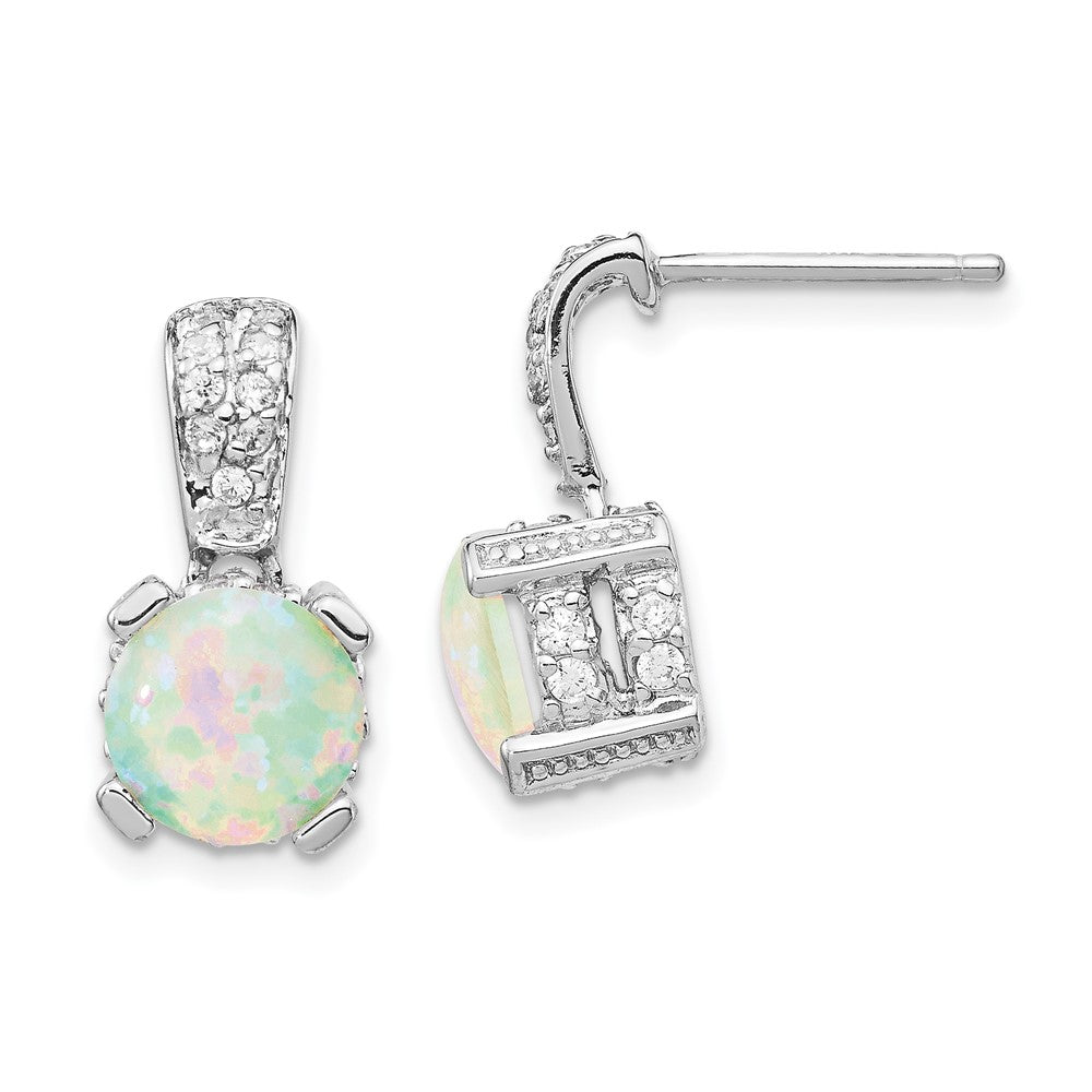QCM377 Cheryl M Sterling Silver Rhodium-plated 8mm Cabochon Lab Created Opal and Brilliant-cut CZ Post Dangle Earrings