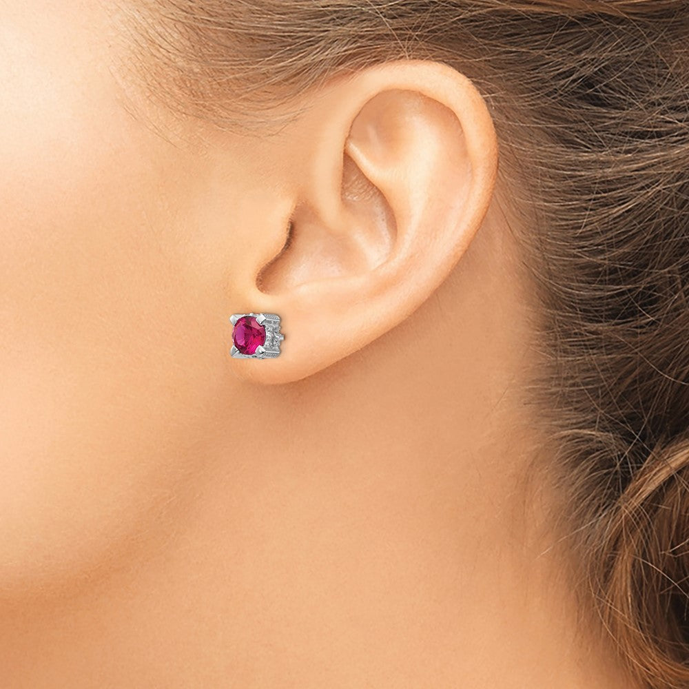 QCM467 Cheryl M Sterling Silver Rhodium-plated Brilliant-cut 6.5mm Lab Created Ruby and Brilliant-cut White CZ Stud Post Earrings