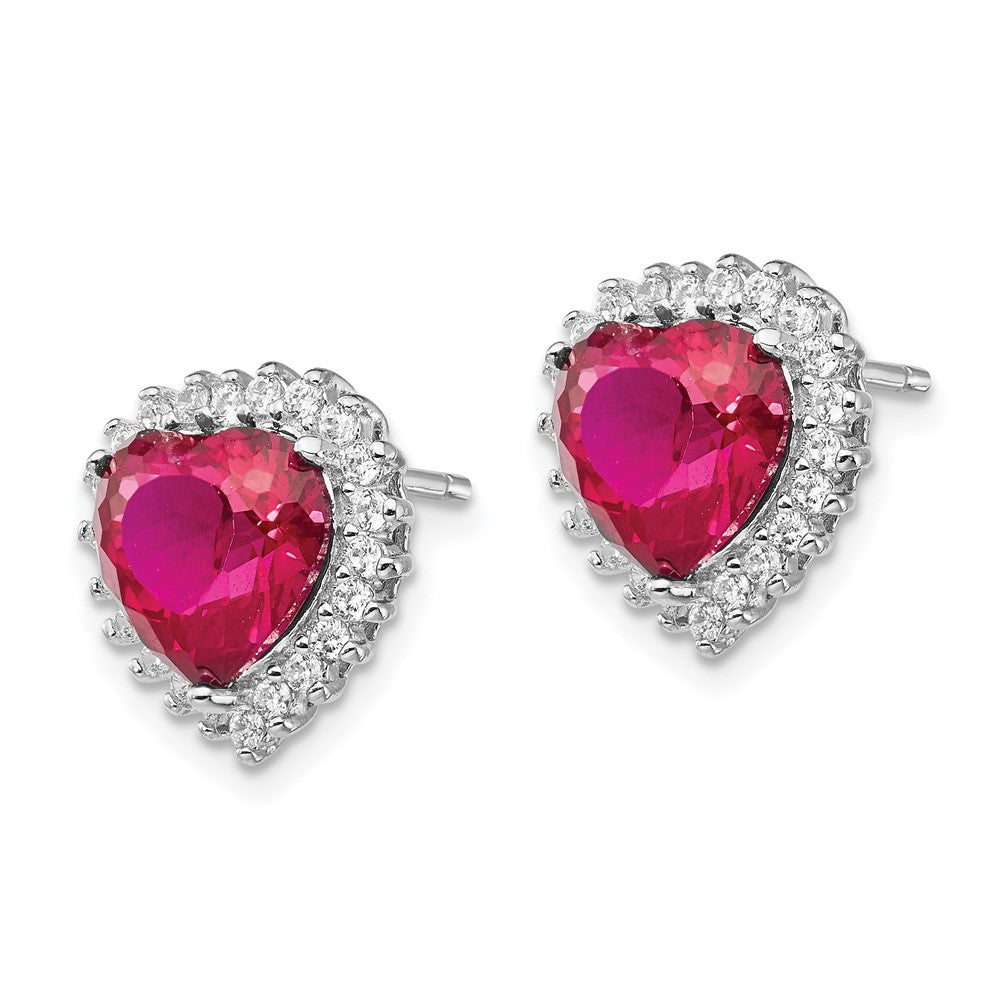 QCM474 Cheryl M Sterling Silver Rhodium-plated 100 Facet Lab Created Ruby and Brilliant-cut White CZ Heart Halo Post Earrings
