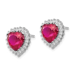 QCM474 Cheryl M Sterling Silver Rhodium-plated 100 Facet Lab Created Ruby and Brilliant-cut White CZ Heart Halo Post Earrings