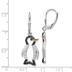 QCM597 Cheryl M Sterling Silver Rhodium-plated with Black Rhodium Accent Enameled Brilliant-cut Black and White CZ Penguin Leverback Dangle Earrings
