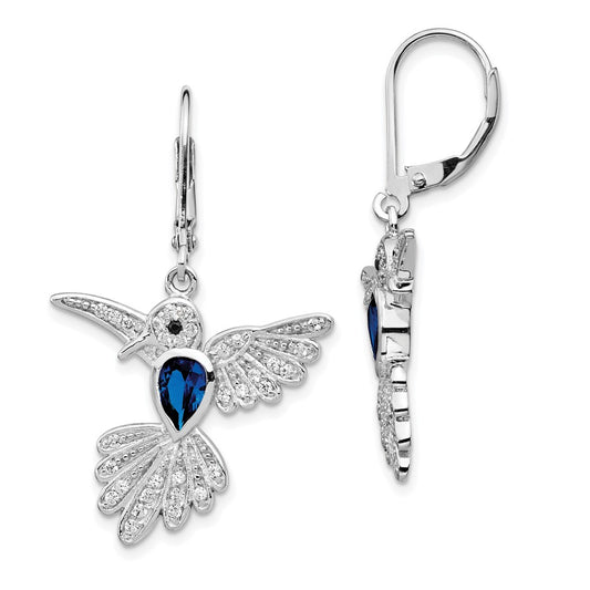 QCM606 Cheryl M Sterling Silver Rhodium-plated Brilliant-cut Lab Created Dark Blue Spinel and Brilliant-cut White CZ Hummingbird Leverback Dangle Earrings