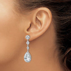 QCM653 Cheryl M Sterling Silver Rhodium-plated Brilliant-cut CZ Bezel & Teardrop Halo Post Dangle Earrings