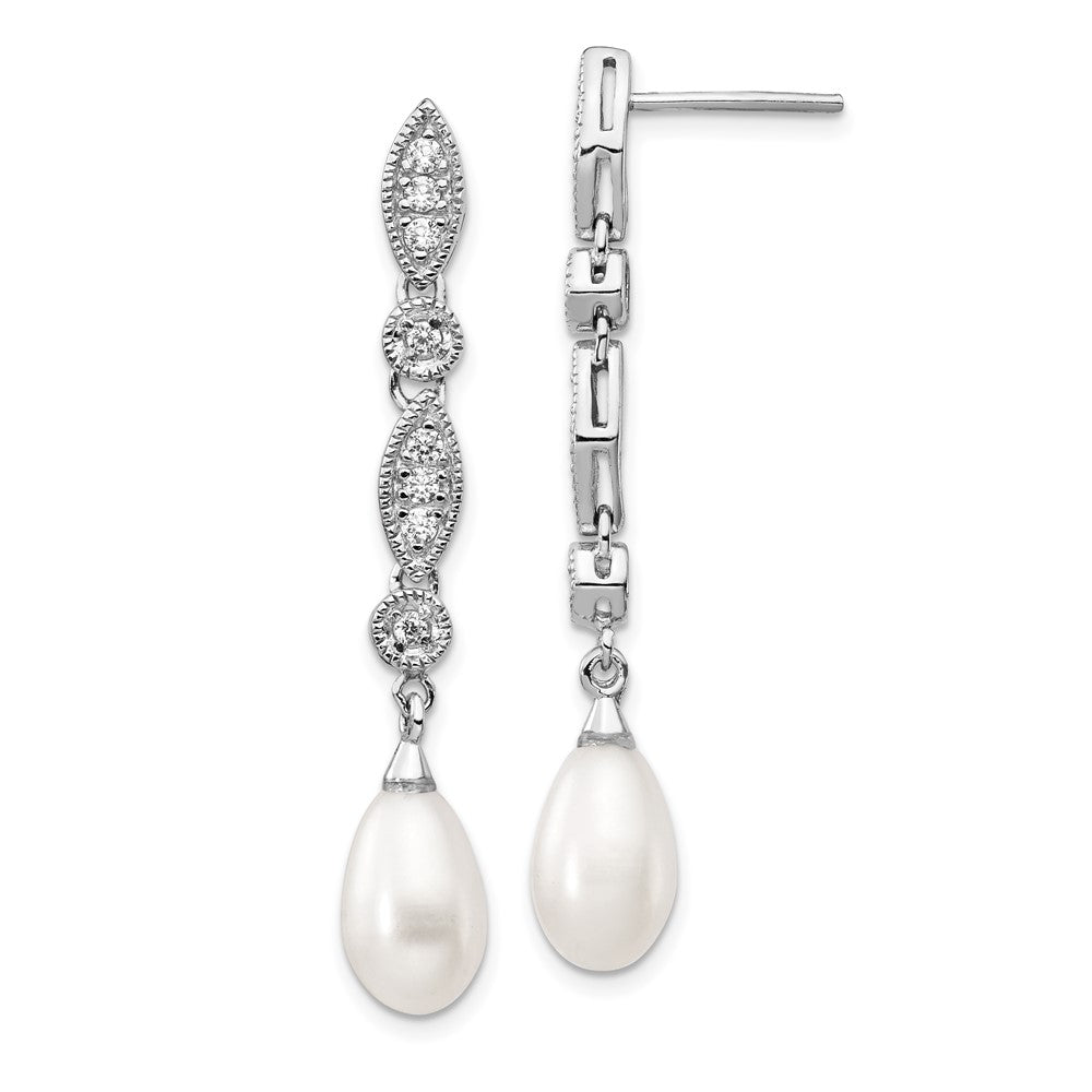 QCM711 Cheryl M Sterling Silver Rhodium-plated Teardrop Freshwater Cultured Pearl and Brilliant-cut CZ Post Dangle Earrings