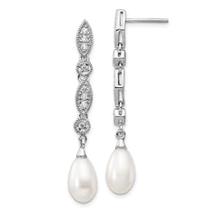 QCM711 Cheryl M Sterling Silver Rhodium-plated Teardrop Freshwater Cultured Pearl and Brilliant-cut CZ Post Dangle Earrings