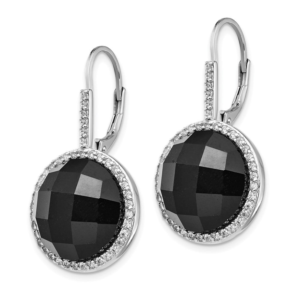 QCM751 Cheryl M Sterling Silver Rhodium-plated Checker-cut Onyx and Brilliant-cut White CZ Round Halo Dangle Leverback Earrings