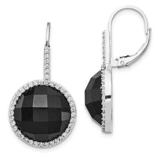 QCM751 Cheryl M Sterling Silver Rhodium-plated Checker-cut Onyx and Brilliant-cut White CZ Round Halo Dangle Leverback Earrings