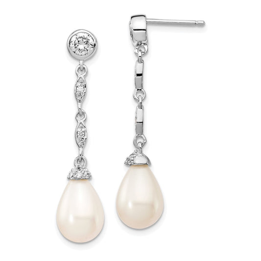 QCM825 Cheryl M Sterling Silver Rhodium-plated Teardrop Freshwater Cultured Pearl and Brilliant-cut CZ Post Dangle Earrings