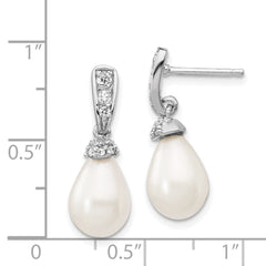 QCM836 Cheryl M Sterling Silver Rhodium-plated Teardrop White Freshwater Cultured Pearl and Brilliant-cut CZ Post Dangle Earrings