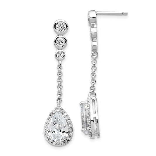 QCM842 Cheryl M Sterling Silver Rhodium-plated Brilliant-cut CZ Bezel & Teardrop Halo Post Dangle Earrings
