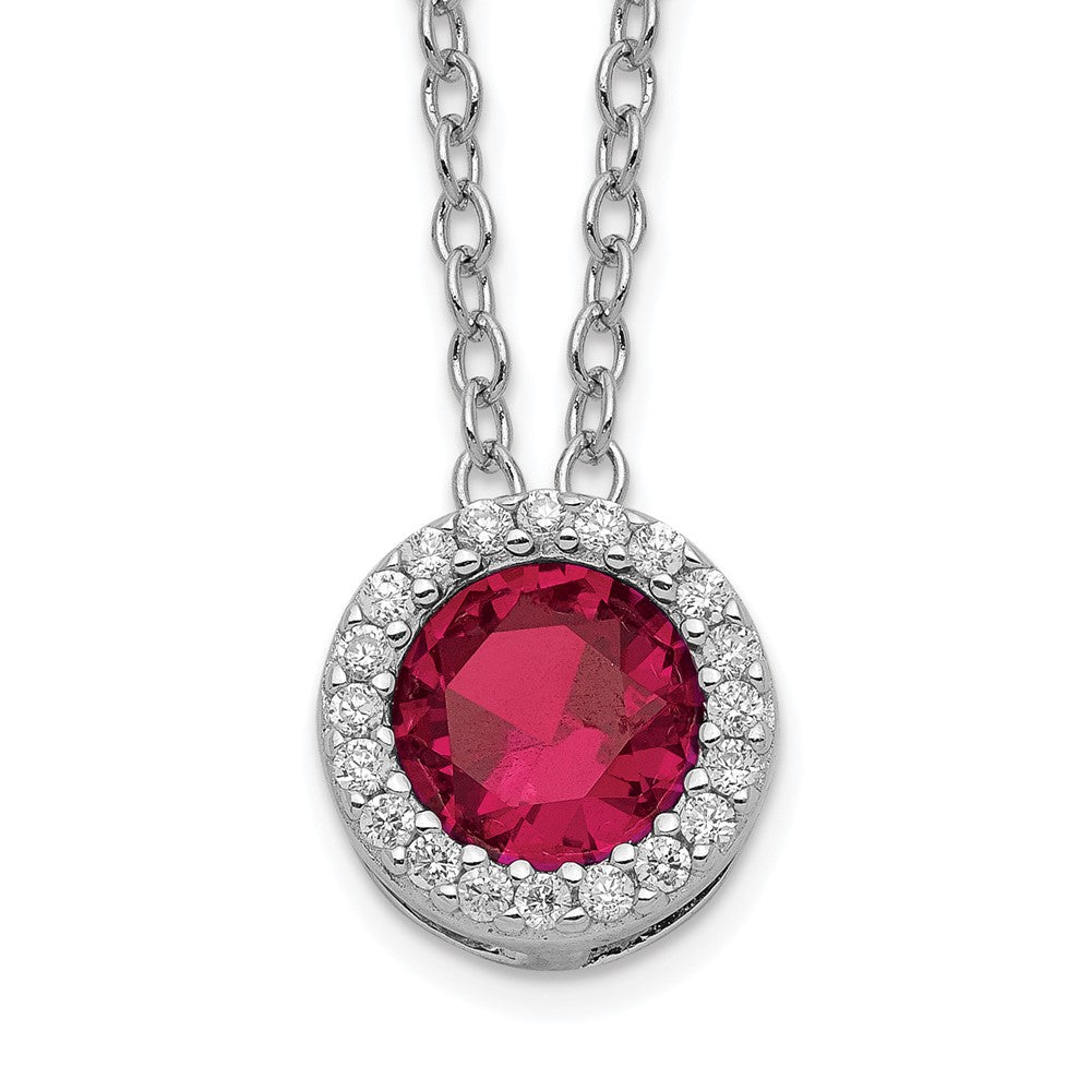 Cheryl M Sterling Silver Rhodium-plated Brilliant-cut Lab Created Ruby and Brilliant-cut White CZ Round Halo 18 Inch Necklace QCM933-18