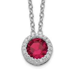 Cheryl M Sterling Silver Rhodium-plated Brilliant-cut Lab Created Ruby and Brilliant-cut White CZ Round Halo 18 Inch Necklace QCM933-18