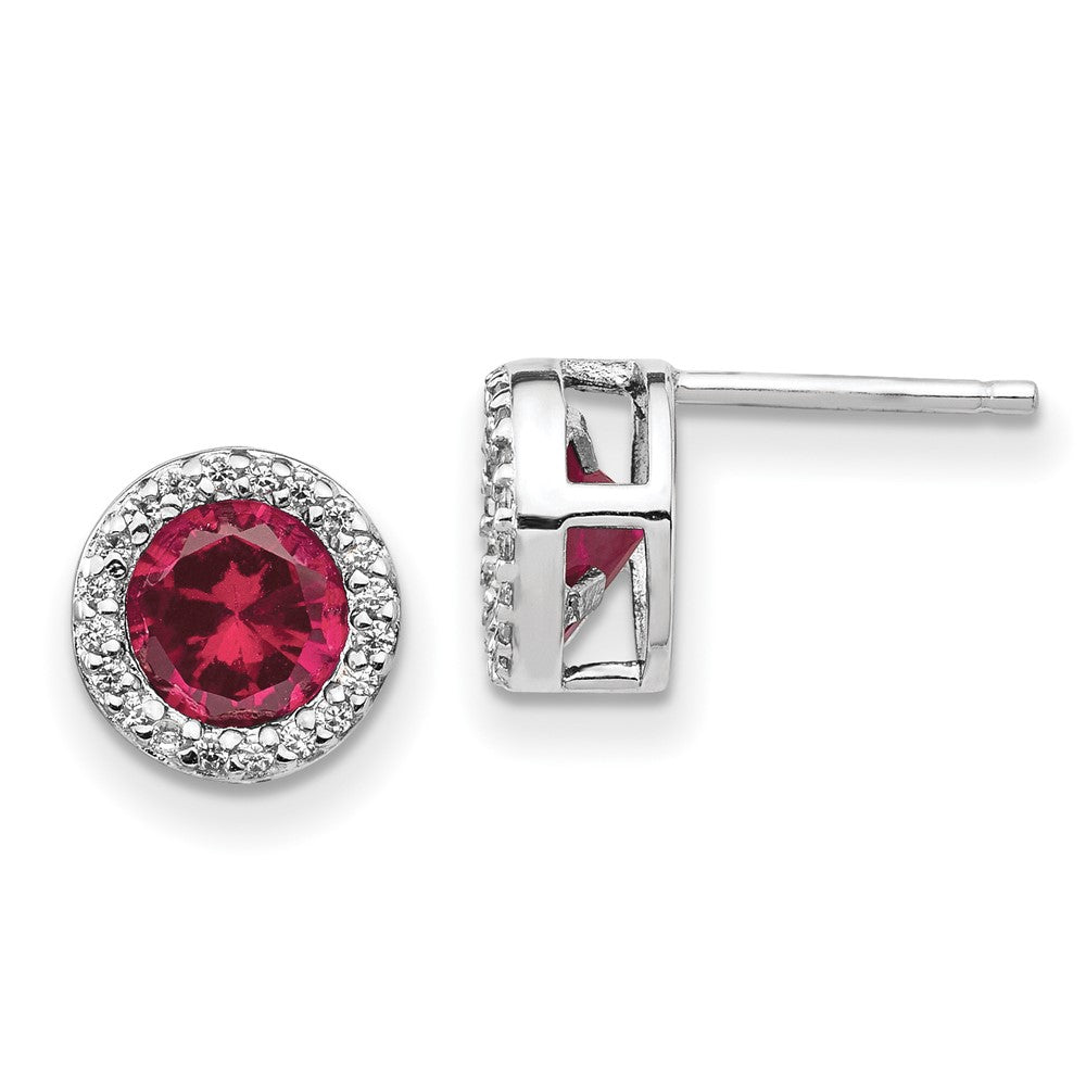 QCM960 Cheryl M Sterling Silver Rhodium-plated Brilliant-cut Lab Created Ruby and Brilliant-cut White CZ Round Halo Post Earrings