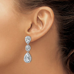 QCM969 Cheryl M Sterling Silver Rhodium-plated Brilliant-cut Three Teardrop CZ Halo Post Dangle Earrings