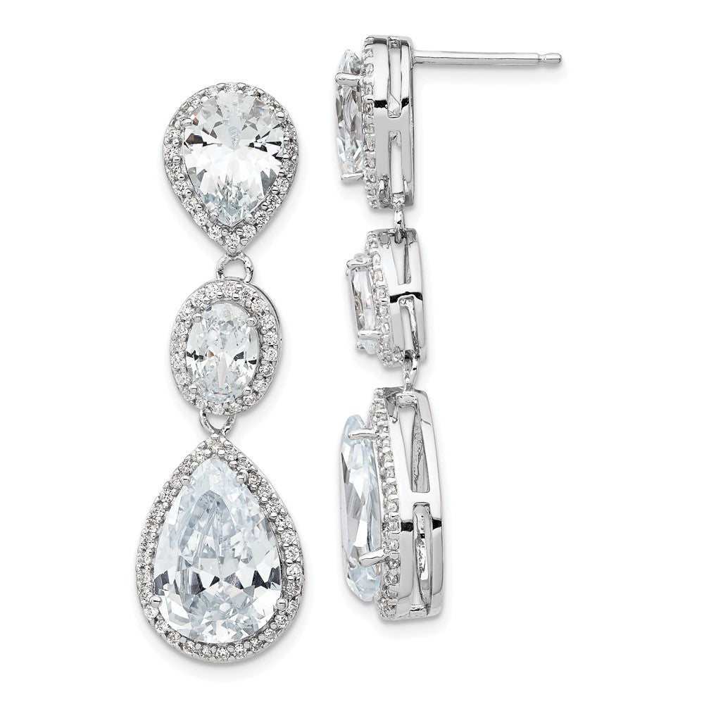 QCM969 Cheryl M Sterling Silver Rhodium-plated Brilliant-cut Three Teardrop CZ Halo Post Dangle Earrings
