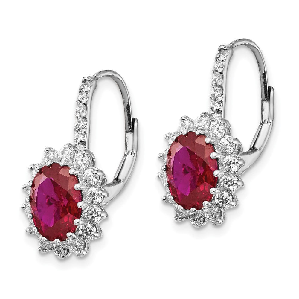 QCM981 Cheryl M Sterling Silver Rhodium-plated Brilliant-cut Lab Created Ruby and Brilliant-cut White CZ Oval Halo Leverback Earrings