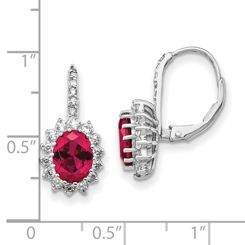 QCM981 Cheryl M Sterling Silver Rhodium-plated Brilliant-cut Lab Created Ruby and Brilliant-cut White CZ Oval Halo Leverback Earrings