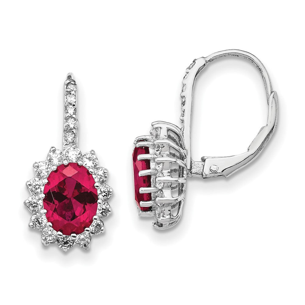 QCM981 Cheryl M Sterling Silver Rhodium-plated Brilliant-cut Lab Created Ruby and Brilliant-cut White CZ Oval Halo Leverback Earrings