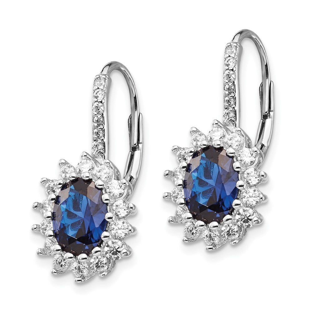 QCM982 Cheryl M Sterling Silver Rhodium-plated Brilliant-cut Lab Created Dark Blue Spinel and Brilliant-cut White CZ Oval Halo Leverback Earrings