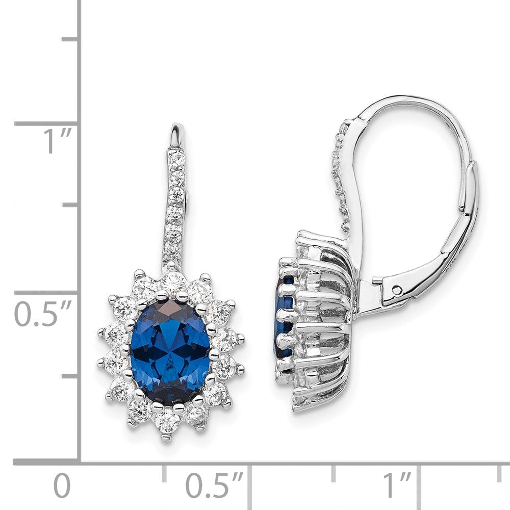 QCM982 Cheryl M Sterling Silver Rhodium-plated Brilliant-cut Lab Created Dark Blue Spinel and Brilliant-cut White CZ Oval Halo Leverback Earrings