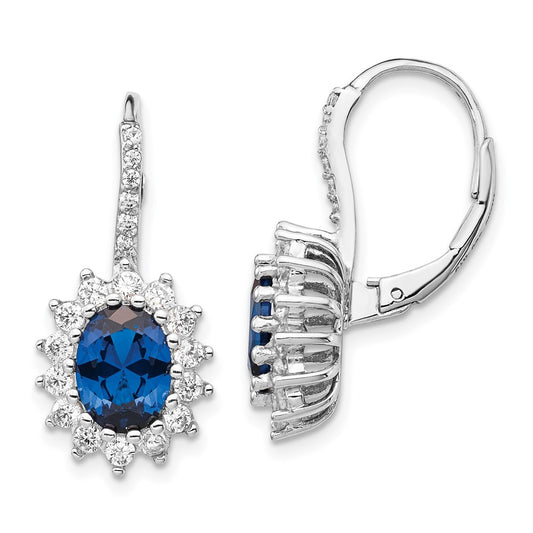 QCM982 Cheryl M Sterling Silver Rhodium-plated Brilliant-cut Lab Created Dark Blue Spinel and Brilliant-cut White CZ Oval Halo Leverback Earrings