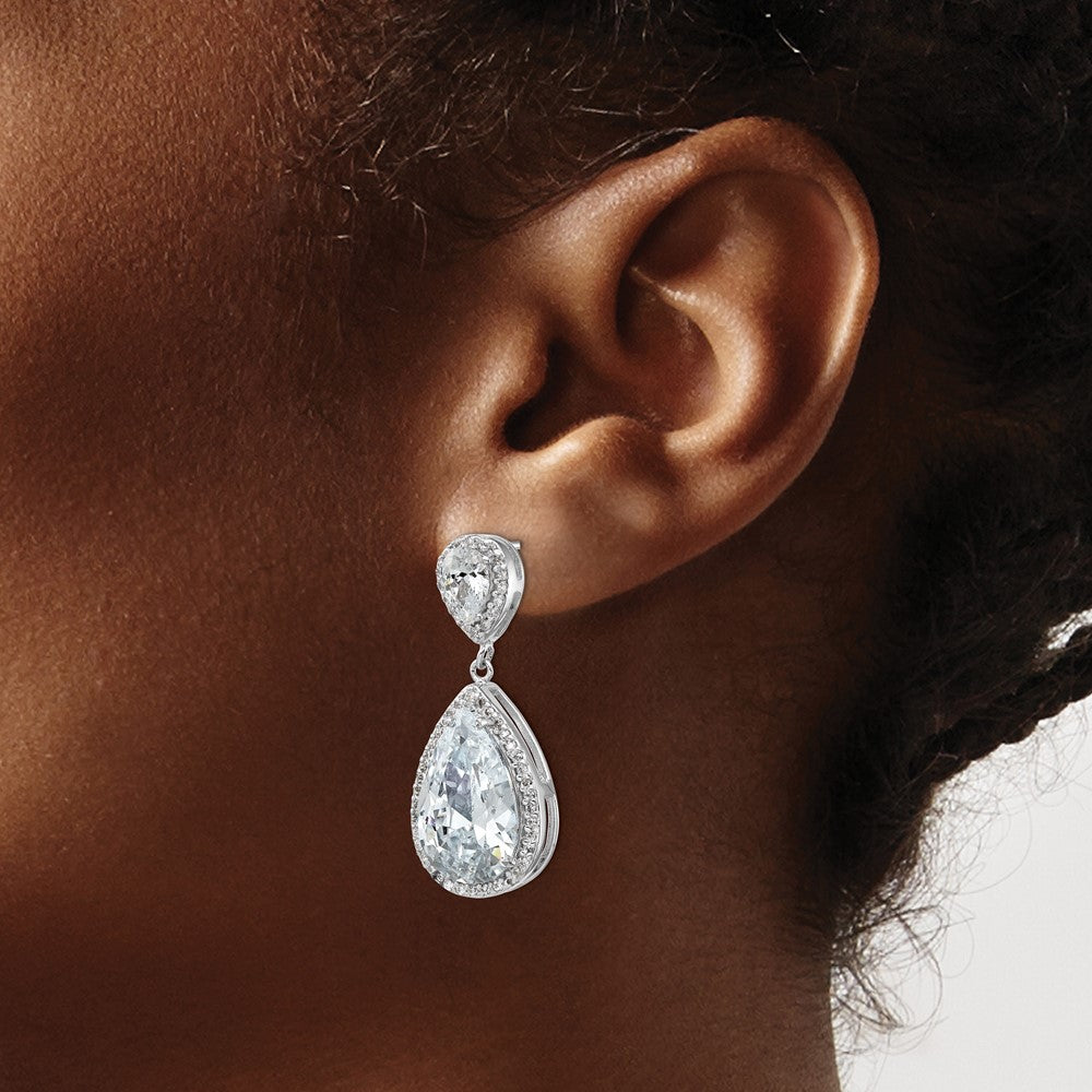 QCM989 Cheryl M Sterling Silver Rhodium-plated Fancy Brilliant-cut Pear Shaped CZ Post Dangle Earrings