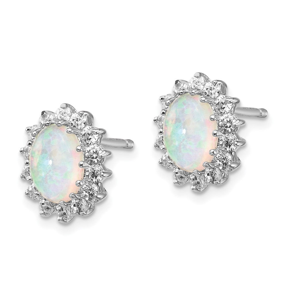 QCM999 Cheryl M Sterling Silver Rhodium-plated Cabochon Lab Created Opal and Brilliant-cut CZ Oval Halo Post Earrings