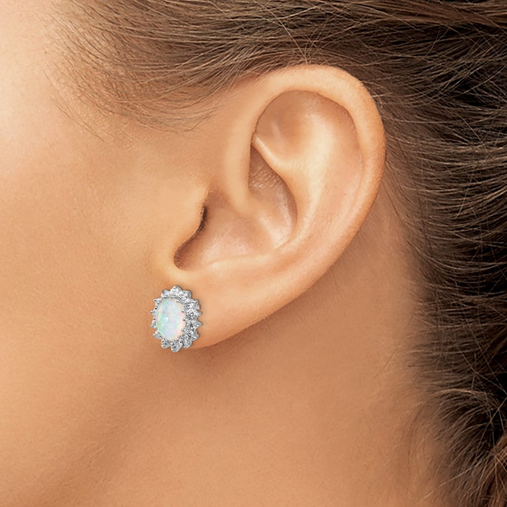 QCM999 Cheryl M Sterling Silver Rhodium-plated Cabochon Lab Created Opal and Brilliant-cut CZ Oval Halo Post Earrings