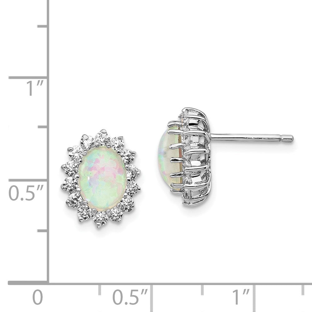 QCM999 Cheryl M Sterling Silver Rhodium-plated Cabochon Lab Created Opal and Brilliant-cut CZ Oval Halo Post Earrings