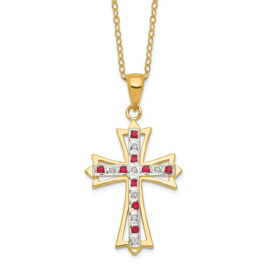 Diamond Fascination Diamond Mystique Sterling Silver 18K Gold-plated Diamond and Ruby Cross 18 Inch Necklace QDF128