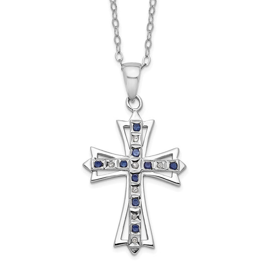 Diamond Fascination Diamond Mystique Sterling Silver Platinum-plated Diamond and Sapphire Cross 18 Inch Necklace QDF129