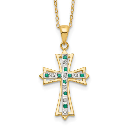 Diamond Fascination Diamond Mystique Sterling Silver 18K Gold-plated Diamond and Emerald Cross 18 Inch Necklace QDF130
